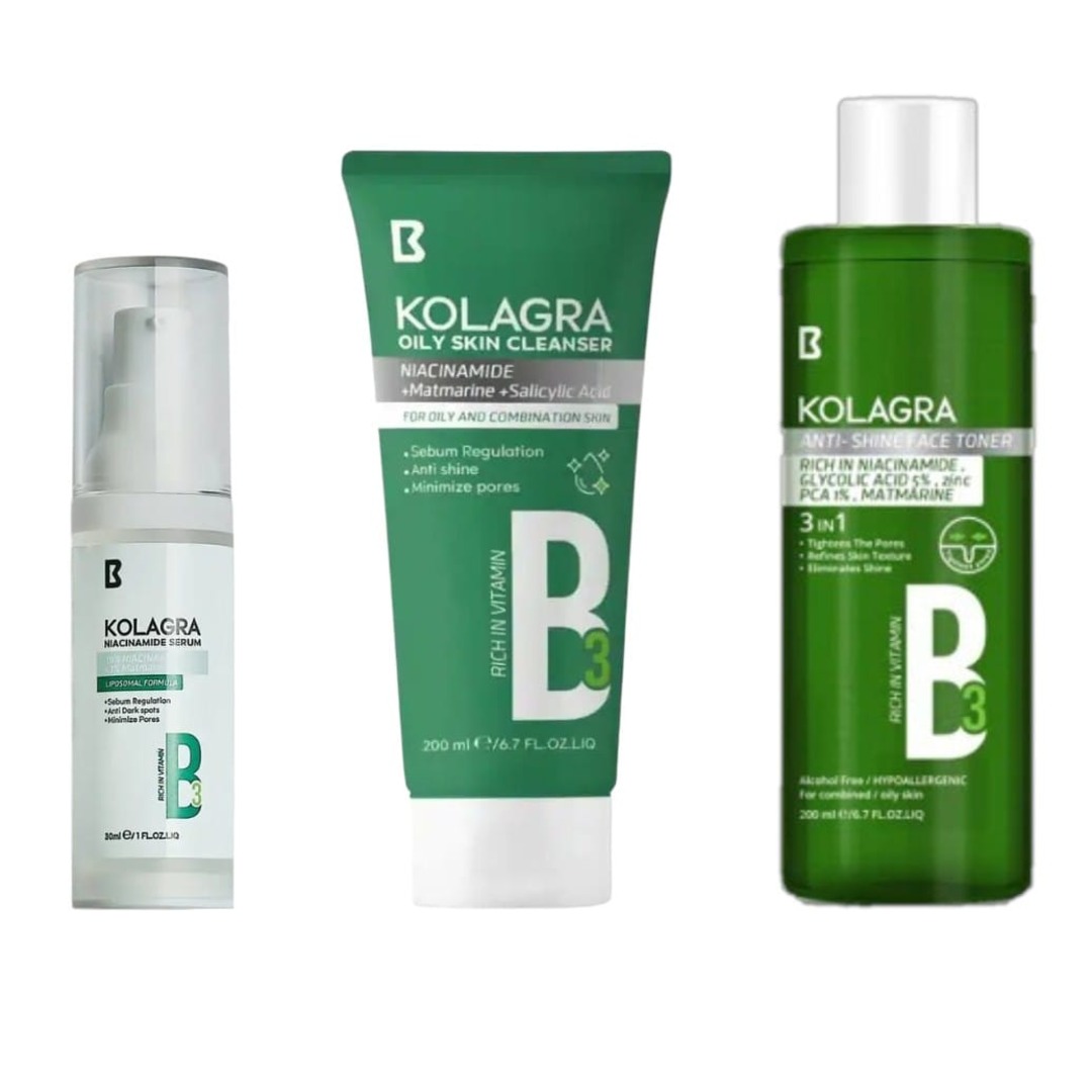 Kolagra Routine ( oily skin cleanser+ niacinamide serum+face toner ) Kolagra Routine ( oily skin cleanser+ niacinamide serum+face toner )